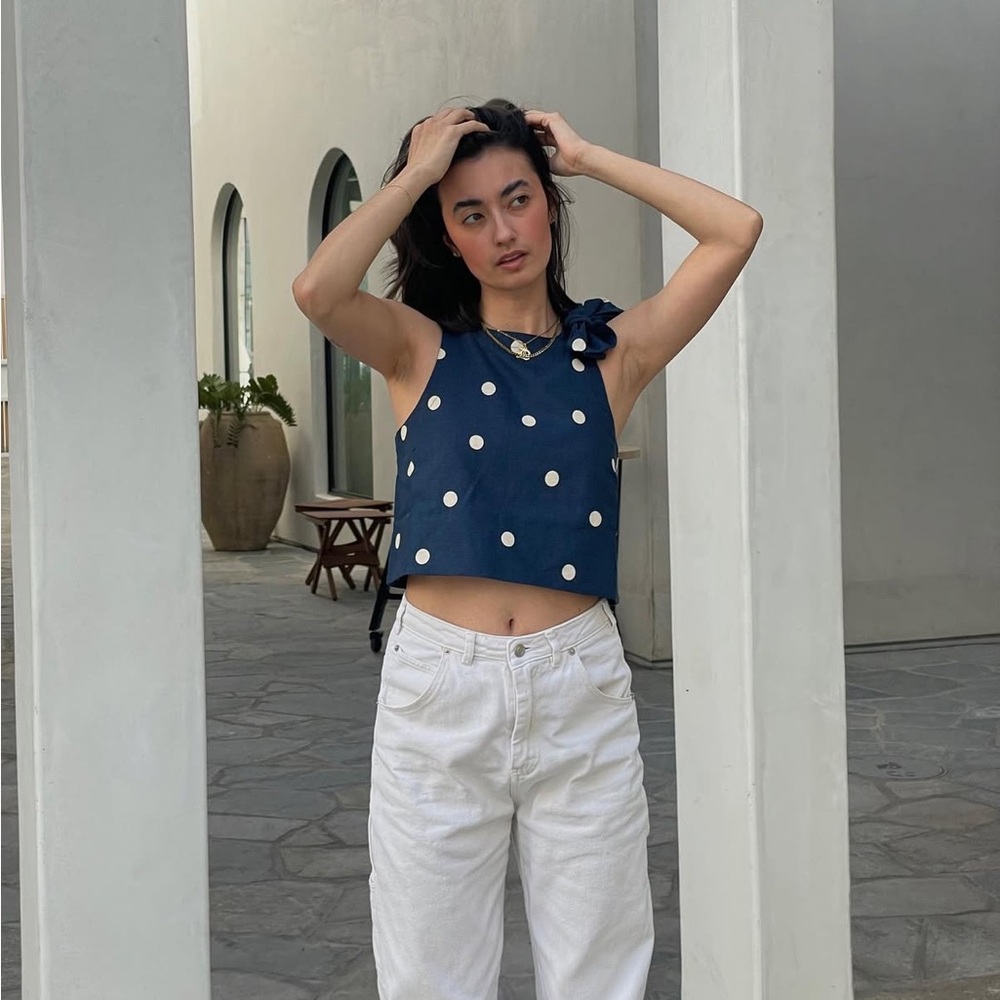 Sezane Navy Polka Dot Tie-Shoulder Crop Top